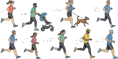 People running. Men and Women jogging. Marathon race concept. Sport and fitness design template with runners and athletes in flat style. Vector illustration.