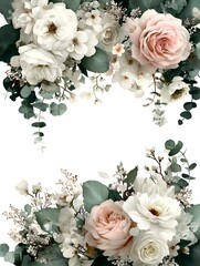 Elegant floral arrangement featu white roses, pink roses, and greenery against a bright white background.