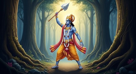 Mythological Blue Warrior Deity Holding Trident Standing in Mystical Forest Scene