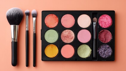 A set of makeup brushes and an eyeshadow palette with various shades of pink, orange, and other colors are displayed on a coral-colored surface.
