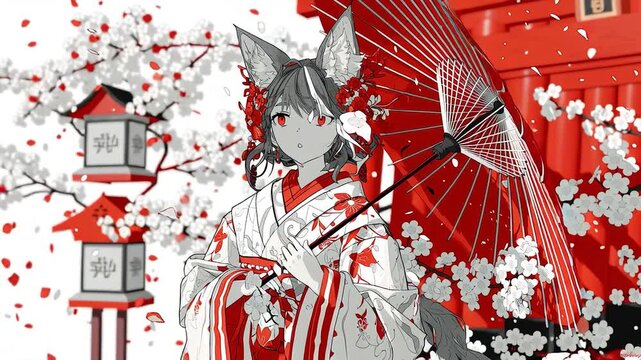 赤い和傘をさす猫耳の和装美少女