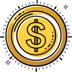 Gold coin with dollar sign , vector line art icon, black and white, white background