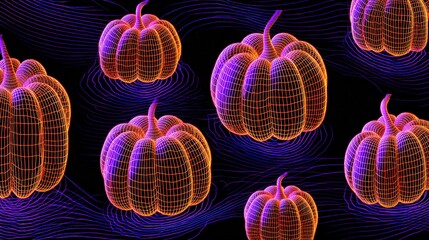 fluorescent orange pumpkins in geometric grid, black background with glowing purple lines, minimalist optical illusion, abstract Halloween symbols, neon glow effect