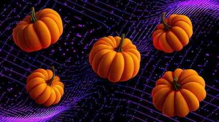 fluorescent orange pumpkins in geometric grid, black background with glowing purple lines, minimalist optical illusion, abstract Halloween symbols, neon glow effect