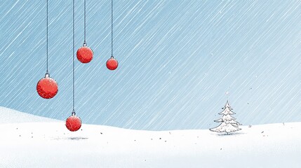 minimalist Christmas snow scene, white diagonal lines as snowfall, floating red baubles, black outline Christmas tree, soft blue gradient background, subtle glow