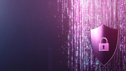 Cyber Lock and Shield Icon A shield with a digital lock icon and binary code streaming in the background, symbolizing data security, cybersecurity measures, and digital protection.