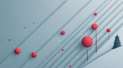 minimalist Christmas snow scene, white diagonal lines as snowfall, floating red baubles, black outline Christmas tree, soft blue gradient background, subtle glow