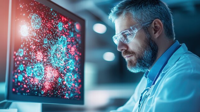 Medical and Health Interface A scientist analyzing DNA sequences on a computer screen with a specialized medical interface.