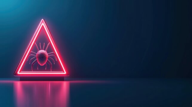 Cyber Virus Icon or Warning Sign A red warning triangle with a bug icon and flashing lights, signifying a cyber threat, malware detection, and urgent security alert.