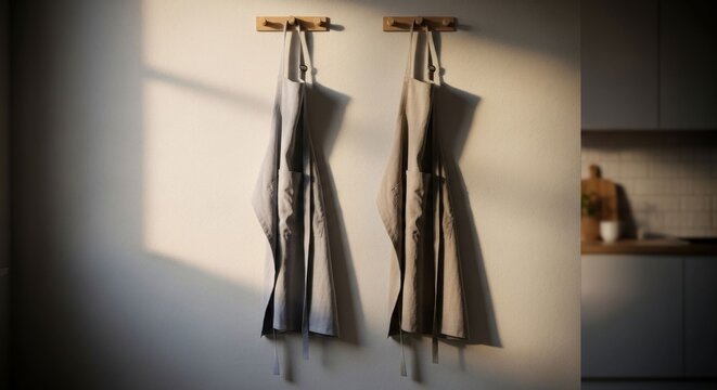 Two light gray aprons hanging on a wall, sunlit