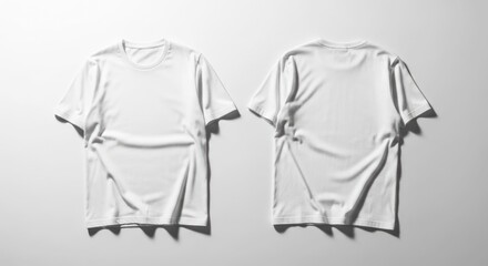 Two white t-shirts, front and back view, laid flat on a light background