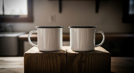 Two white enamel mugs on rustic wooden blocks in a kitchen