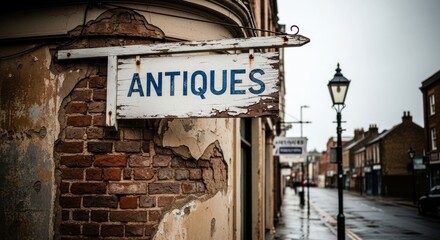 Weathered antique shop sign on a brick building