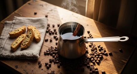 Warm coffee in metal pot, biscotti, & beans