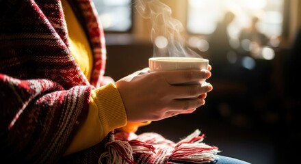 Woman holding steaming coffee cup, wrapped in warm blanket