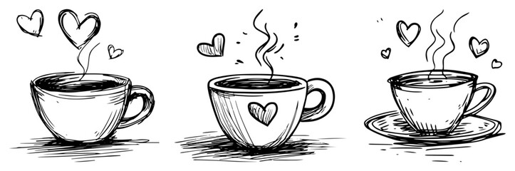 Set of a Coffee Cups with Hearts in a Doodle Style