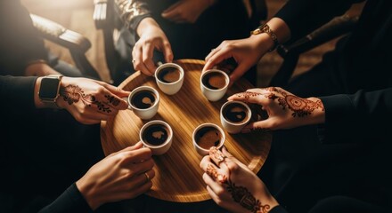 Women circle, hands holding coffee cups, henna, warmth