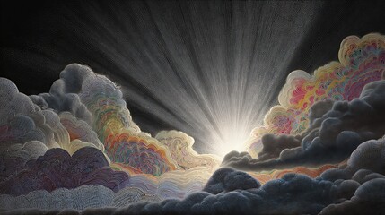 Black and white engraved cloudscape with radiant sun rays breaking through textured clouds.