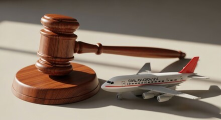 Wooden gavel and toy airplane on a light surface