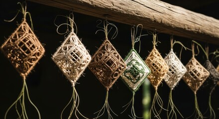 Woven diamond-shaped decorations hang from a wooden beam