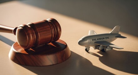 Wooden gavel and toy airplane on a table. Sunlight highlights the items