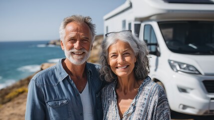 Senior couple smiling, enjoying campervan travel by the sea