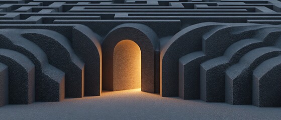 Naklejka premium Empty stone vaulted hall with repeating arches and a warm sunlit arched doorway at the far end.
