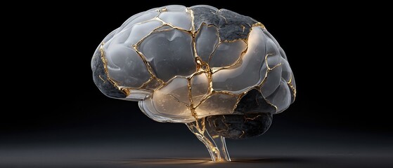Transparent glass brain model with glowing neural pathways on a dark reflective surface