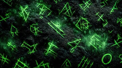 dark Halloween magic symbols, glowing green runes on black stone texture, misty purple aura, minimalist occult design, abstract pentagram patterns, moon phase elements