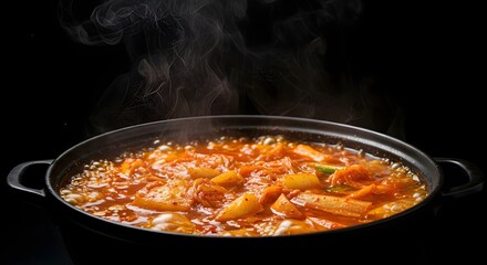 Korean kimchi jjigae stew bubbling in a black pot, steam wafting upwards, bold red broth, side view, black background."