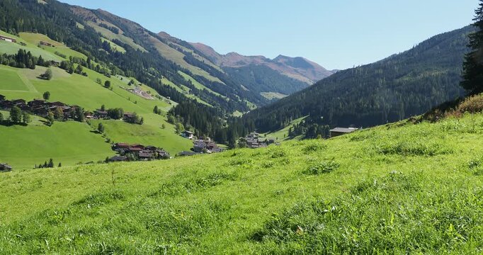 Tiroler Alpen in &Ouml;sterreich - Gr&uuml;ne Wiesen am Fu&szlig;e des Wiedersberger Horns und die H&auml;nge des Schatzbergs im Alpbachtal. Die D&ouml;rfer Inneralpbach, Steinbergalm und Gernalm 