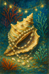 Obraz premium Underwater Seashell with Pearls and Coral Lights