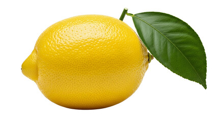 Fresh yellow lemon with green leaf on black transparent background