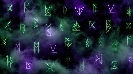 dark Halloween magic symbols, glowing green runes on black stone texture, misty purple aura, minimalist occult design, abstract pentagram patterns, moon phase elements