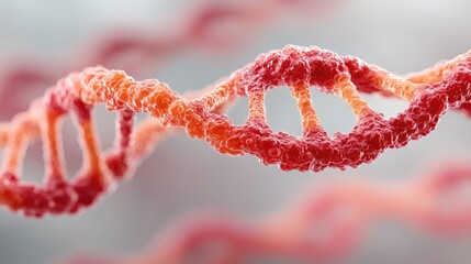 Close Up Macro View of a Glowing DNA Helix Structure in Red Tones on Light Grey Background