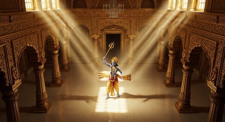 Royal Hindu God Statue in Ornate Temple Lit by Sunbeams