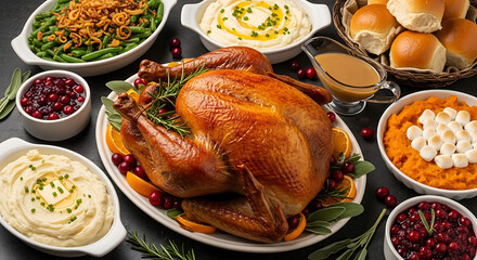 A thanksgiving feast with turkey mashed potatoes and cranberry sauce
