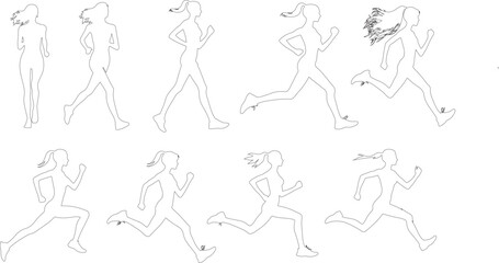 Running girl line arts. Running men and women, vector set of isolated line arts