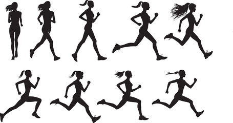 Running girl silhouette. Running men and women, vector set of isolated silhouettes
