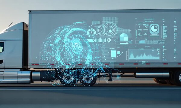 Semi- Truck with Futuristic Digital Overlay of Data and Network Graphics Keywords: semi-truck, truck, trailer