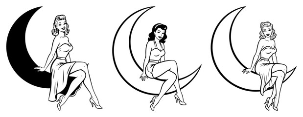 Retro Pin Up Girl Sitting on a Crescent Moon