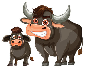 Cartoon Water Buffalo and Calf Smiling on White Background