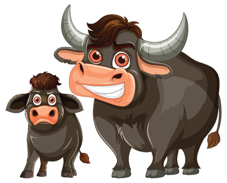 Cartoon Water Buffalo and Calf Smiling on White Background