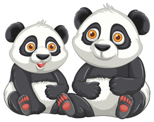 Two Cute Cartoon Pandas Sitting Side by Side