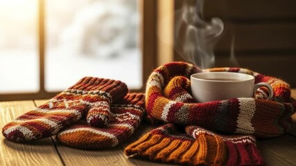 A warm and inviting still-life scene showcasing a steaming mug of hot beverage, likely coffee or tea, enveloped by a cozy, colorful knitted scarf. A pair of matching patterned mittens rests nearby on - Powered by Adobe