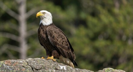 Obraz premium Bald eagle perched on a rock, head turned