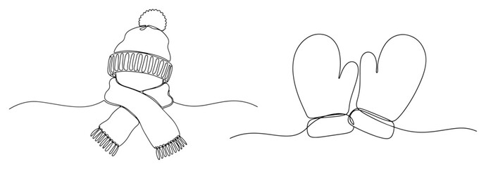 Winter Hat Scarf and Mittens One Line Art Set