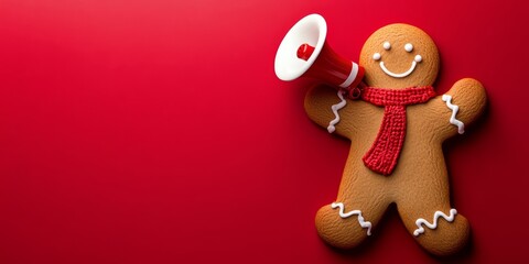 Naklejka premium Close-up gingerbread figure holding megaphone on vibrant red background for holiday announcement