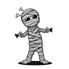 Cute mummy cartoon character, playful Halloween illustration, black and white comic style on white background.