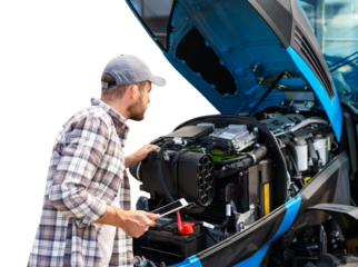 Male mechanic with digital tablet near tractor with open hood isolated on transparent background.